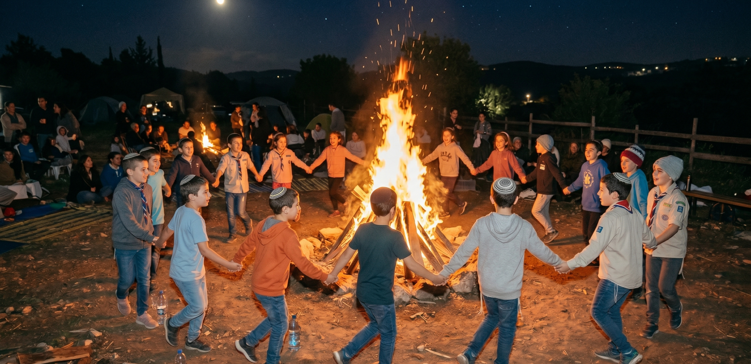 ילדים רוקדים סביב מדורת ל"ג בעומר