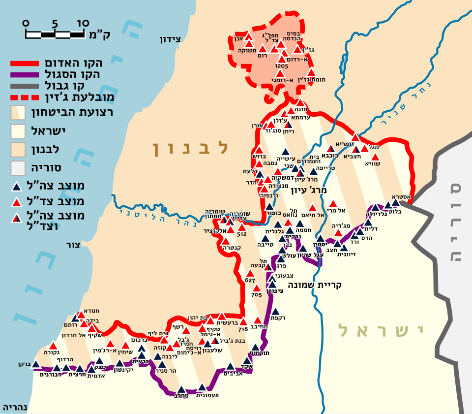 קווי האחזקה ופריסת המוצבים של צה"ל וצד"ל משנת 2000 - התאמה כמעט מוחלטת לקו הצהוב הנוכחי.