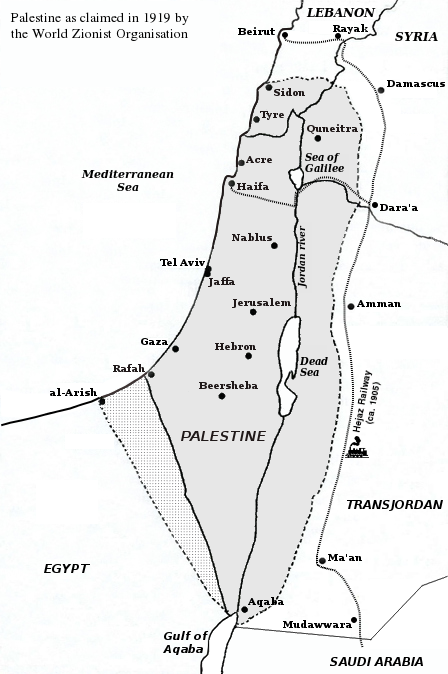 מפה של תביעות התנועה הציונית על ארץ ישראל שהוצגו בפני וועידת השלום בפריז ב-1919.