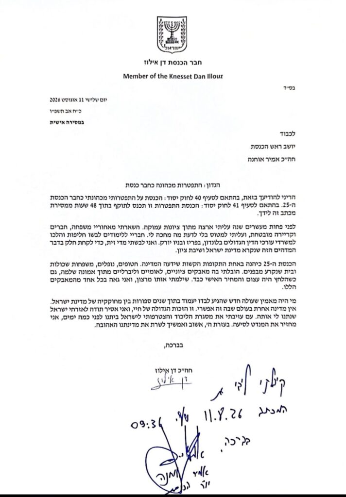 מכתב ההתפטרות של ח"כ דן אילוז